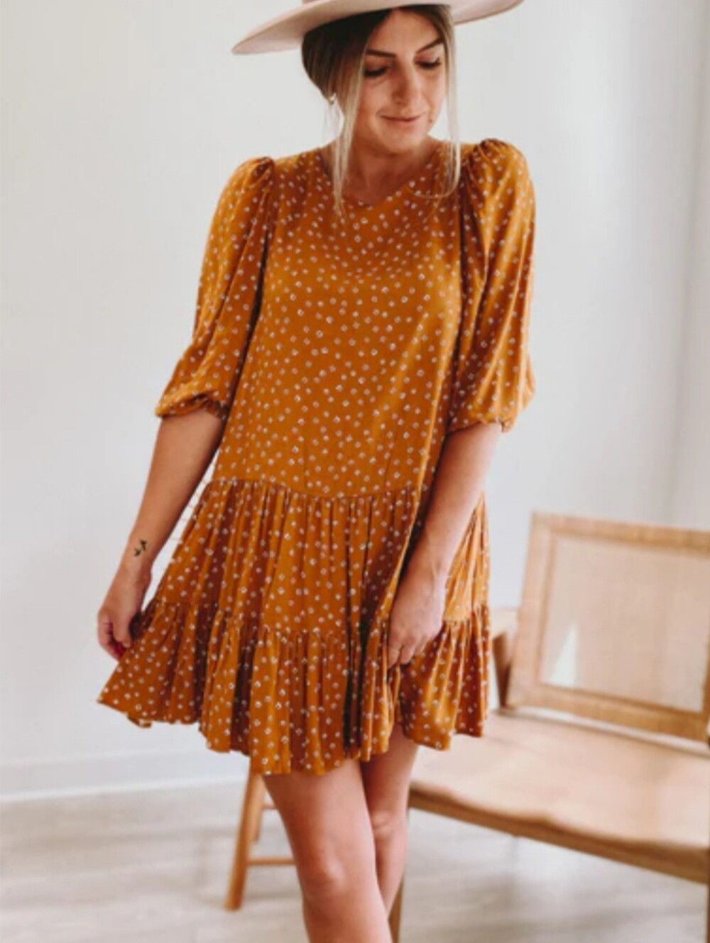 Dress Forum Mustard Polka Dot Mini Dress Sz S